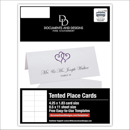Linked Hearts Printable Place Cards, Purple (Choose Color), Set of 60 (10 Sheets), Laser & Inkjet Printers - Wedding, Party, Dinner, and Special Events - Made in the USA