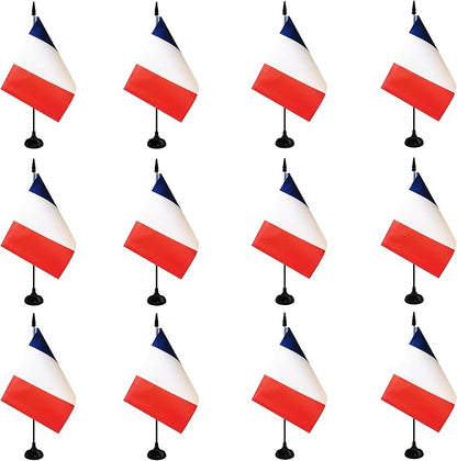 France Desk Flag, 12 Pack French Table Office Flag with Black Solid Pole and Stand Base, International Country Flag, Festival Celebration, Classroom Meeting Desktop Decor (France)