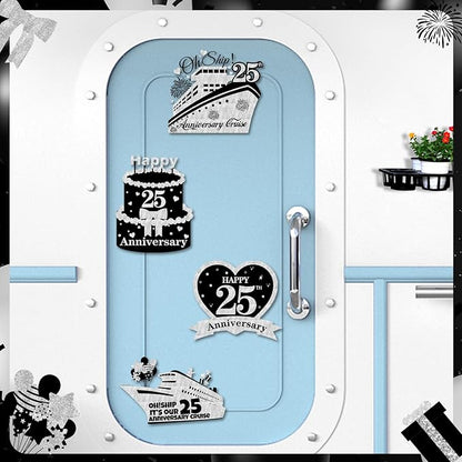 4 PCS Large 25th Anniversary Cruise Door Magnets Decorations Happy 25th Anniversary Cruise Ship Door Decor Magnetic Wedding Magnets Garage Refrigerator Car Magnets for Cabin Stateroom (Black Silver)