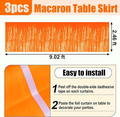 3 Pack 29x108 Inch Macaron Orange Foil Fringe Table Skirts Metallic Banner for Tinsel Streamer Garland Backdrop for Parade Floats Wedding Thanksgiving Birthday Christmas Halloween Party Decoration