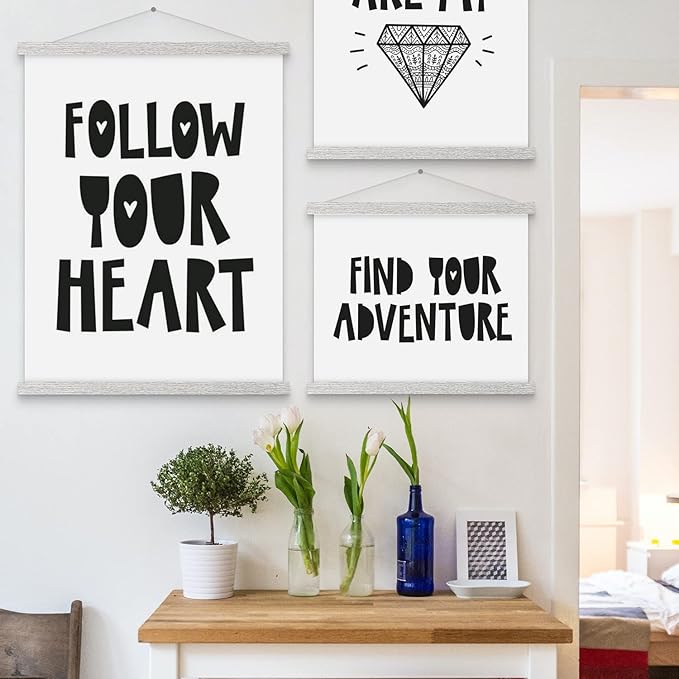 Magnetic Poster Hanger, 21x21 21x15 21x27 Poster Frame Wood Wooden Magnet Print Posters Dowel Scroll Hanger Hangers Hanging Kit for Walls Map Canvas Artwork (Grey, 21")