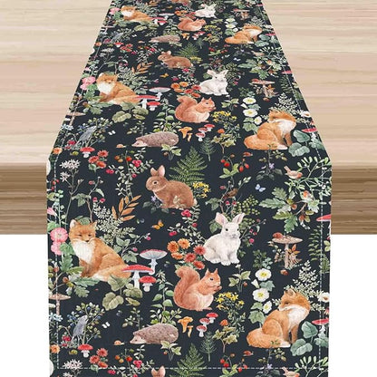 Rustic Woodland Table Runner, Farmhouse Forest Animals Country Lodge Wild Animals Fox Rabbits Table Center Decor for Home Kitchen Dining Patio Holiday Party Indoor Table Decorations, 13"x90" Inch