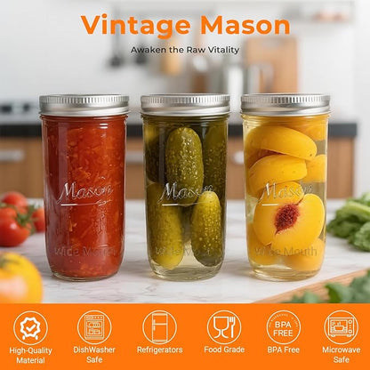 CycleMore 6 Pack Wide Mouth Mason Jars with Airtight Lids and Bands, 24 Oz Canning Glass Jars, Glass Canister for Canning, Fermenting, Pickling, Meal Prep, Overnight Oats, Jam, Jelly