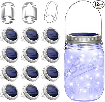 SunKite Solar Mason Jar Lights, 12 Pack 30 LED Waterproof Fairy Firefly Jar Lids String Lights with Hangers(NO Jars), Patio Yard Garden Wedding Decoration - Cool White