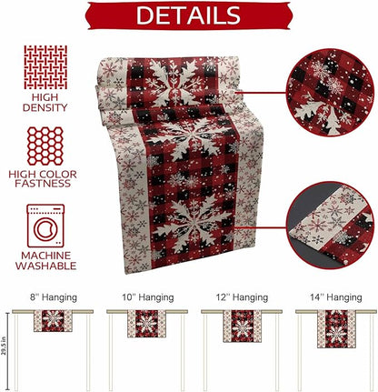 Buffalo Plaid Christmas Cotton Linen Table Runner for Dining Kitchen, Snowflake Red Black Check Wedding Outdoor Party Tablerunner Decoration, Retro Dresser Scarf Coffee Tablecloth Runners 13x48 Inches