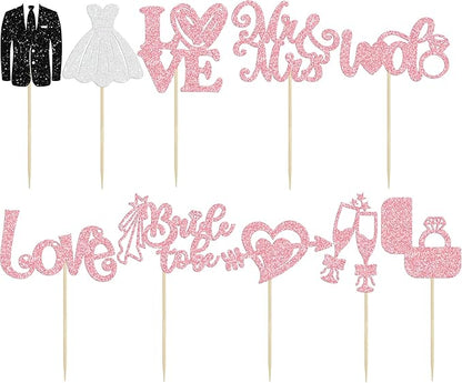 Ephlyn 30Pcs Bride to be Cupcake Toppers Glitter Wedding Cake Topper Decorations I Do Love Heart Ring Cupcake Picks for Bridal Shower Wedding Engagement Party Supplies Pink