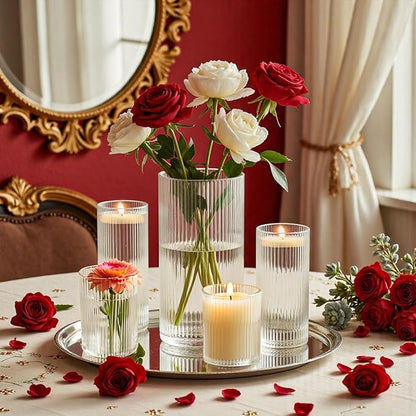 16 Pack Ribbed Glass Cylinder Vases 5.5, 6 Inch Tall Clear Flower Vase Hurricane Floating Candle Holder for Table Centerpiece Wedding Home Decor