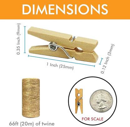 Mini Wooden Clothespins With Jute Twine, 250pcs, 1 Inch Photo Paper Peg Pin Craft Clips With 66ft Natural Twine for Scrapbooking, Arts & Crafts, Hanging Photos (Natural Color)