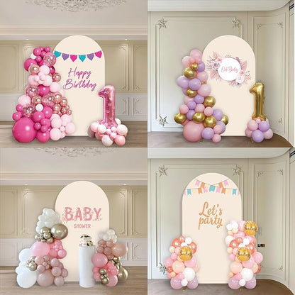 Metal Arch Backdrop Stand and Cover Set, 7.2FT Beige Reusable Spandex Fitted Backdrop Cover and Gold Wedding Arch Frame for Baby Shower, Birthday, Parties Decoration.
