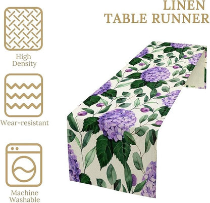 Spring Hydrangea Flower Table Runner, Seasonal Summer Plants Eucalyptus Leaves Purple Florals Dinner Runner for Home Kitchen Dining Table Party Holiday Decoration 13"x70"