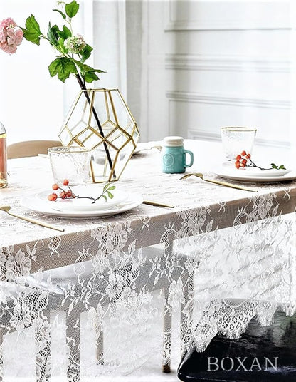 BOXAN 60x120 Inch Gorgeous White Lace Tablecloth Overlay Rose Vintage Embroidered, Romantic Boho Wedding Reception Table Decor, Baby & Bridal Shower Décor, Elegant Chic Outdoor Tea Party Tablecover