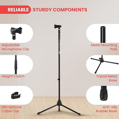 Pyle Tripod Microphone Stand, Height Adjustable from 39.37" to 66.14'', Mic Stand for Floor, Sturdy and Durable Build, Non-Slip Rubber Feet, With 5/8" Screw Adapter, Cable Clip, Compact Folding Design