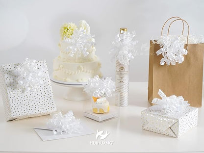 HUIHUANG White Bows for Gift Wrapping Christmas Gift Bows 5 inch x 8 Counts Self-Adhesive Curly Ribbon Bow for Presents, Paper Bag, Party Favors, Wrapping Accessories, Wedding Decor