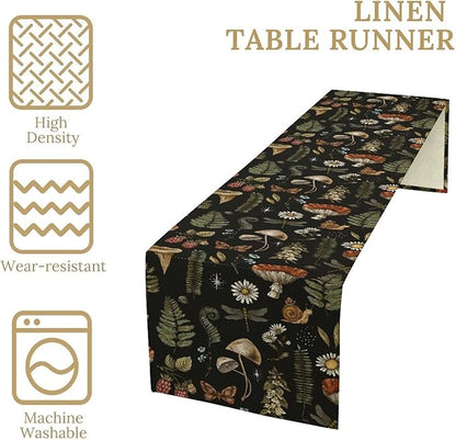 Mushroom Table Runner,Retro Forest Plant Table Runner for Kitchen Dining Table Home Party Decoration 13x72 Inch