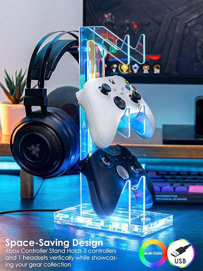 OAPRIRE Headset and Controller Stand with Lights, 3 Tier Acrylic Game Controller Holder, Controller and Headset Stand for Desktop,Universal Design Compatible with PS5/PS4/XBOX/SWITCH (Clear)