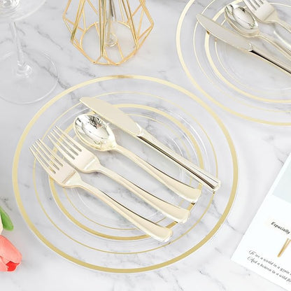 300PCS Clear Gold Plastic Plate Set (50 Guests), Disposable Dinnerware Set for Party, Wedding, Birthday - 100 Plates, 100 Forks, 50 Spoons, 50 Knives for Christmas, Thanksgiving