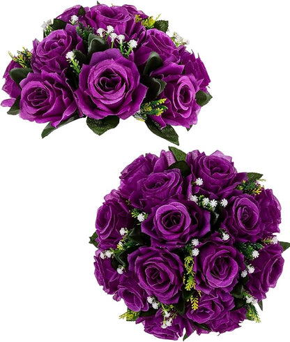 BLOSMON Flower Balls Wedding Rose Centerpieces: 2 Pcs Fake Flowers with Base White Kissing Balls Decor White Artificial Floral Arrangements Flower Bouquet of Roses Home Party Table DIY Decorations
