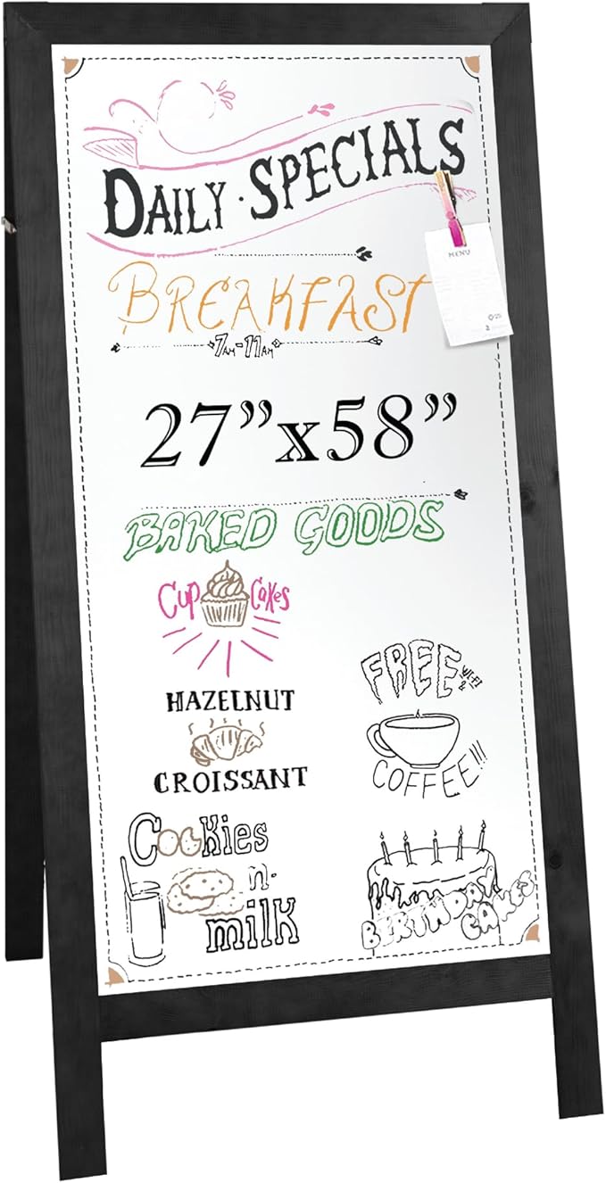Ilyapa Wooden Dry Erase A Frame Sign - Magnetic Whiteboard Sidewalk Menu Board Outdoor - Menu Display for Restaurant, Food Truck - 58x27 inch - Black