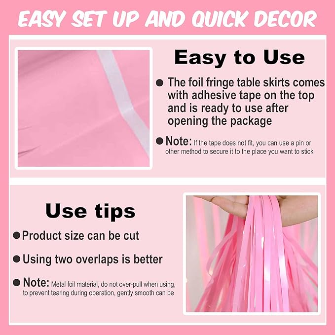 3 Pack 29 x108 Inch Macaron Pink Foil Fringe Table Skirts Metallic Banner for Tinsel Streamer Garland Backdrop for Parade Floats Mother's Day, Graduate, Birthday, Wedding Party Decoration