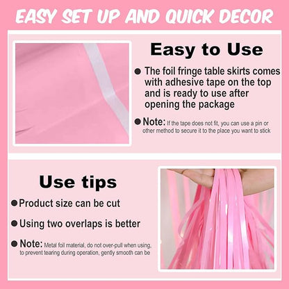 3 Pack 29 x108 Inch Macaron Pink Foil Fringe Table Skirts Metallic Banner for Tinsel Streamer Garland Backdrop for Parade Floats Mother's Day, Graduate, Birthday, Wedding Party Decoration