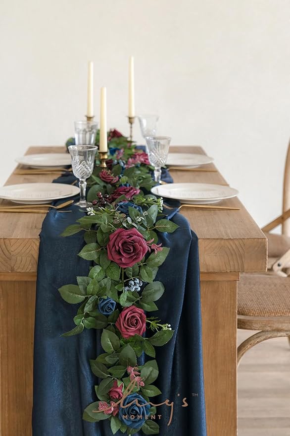 Ling's moment 5FT Burgundy Artificial Flower Garland Navy Blue Floral Arch Table Centerpiece Rose & Leaves for Wedding Parties & Home Decor