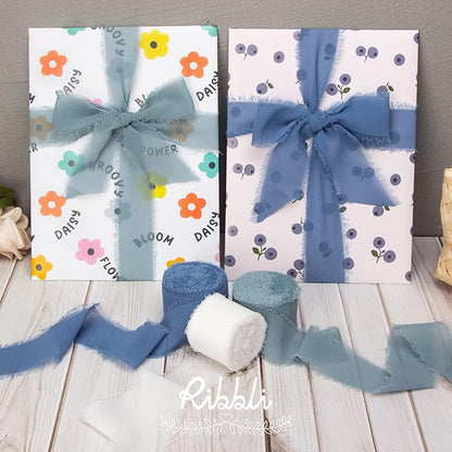 Ribbli Chiffon Silk Ribbon, 1.5 in x 30 Yards, White/Slate Blue/Dusty Blue Fringe, Wedding Invitations, Bridal Bouquets, Flower Arrangement