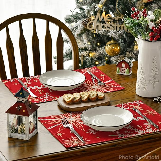 Artoid Mode Red Snowflake Let It Snow Winter Placemats for Dining Table, 12 x 18 Inch Seasonal Christmas Washable Table Mats Set of 4