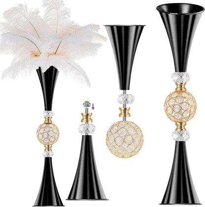 VIJIV Black Crystal Flower Vases for Centerpieces Tables - Tall Trumpet Vase for Bouquet Decorative, Dining Table Décor Flower Stand with Ribbed Texture for Events, Bridal Showers & Boho Weddings