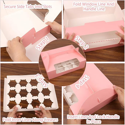 30 Pcs Cupcake Boxes, 12 Count Muffin Boxes with Handle, Window, and Inserts, Pink Cupcake Holders Bakery Carrier Boxes for Cookies Treats Dessert