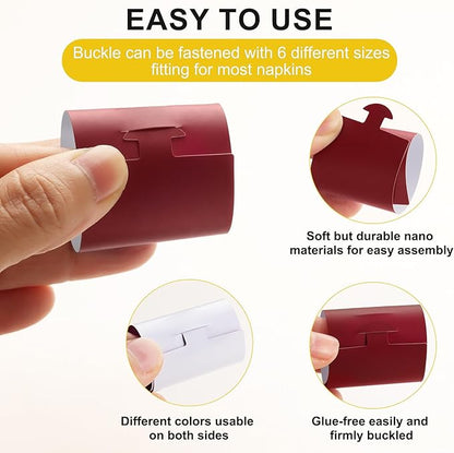 Polymer Material Reusable Napkin Band, Glue-Free Tear-Proof Water Resistant Oil-Proof Napkin Bands Set of 100(Front Burgundy Color and Back White), 6 Adjustable Sizes Napkin Rings