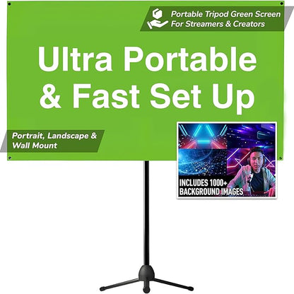 Valera 90in Green Screen Backdrop with Stand for Streaming, Ultra Portable 2 Min Setup, Portrait & Landscape, Tripod & Wall Mount, for Tiktok Zoom Video Meetings & More, +1k Free Backgrounds Included