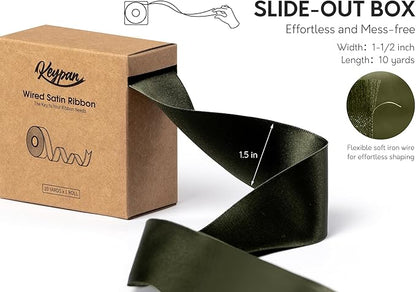 Moss Green Satin Ribbon Double-Faced Wired Ribbons for Gift Wrapping Flower Bouquet Bows Wedding Invitation Christmas Decor Crafts 1-1/2 Inch 10 Yards