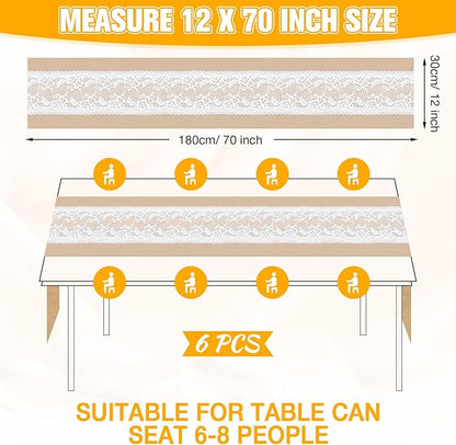Xinnun 6 Pack Burlap Table Runner with LED String Lights, Modern Rustic Lace Natural Vintage Boho Jute Wedding Table Decor for Farmhouse Thanksgiving Christmas(Christmas Trim,12x70 Inches)