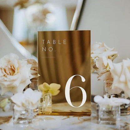 JINMURY Gold Wedding Table Numbers 1-15 with Stands, 5"x7" Gold Mirror Acrylic Table Numbers, Perfect for Wedding Reception, Party, Anniversary, Event