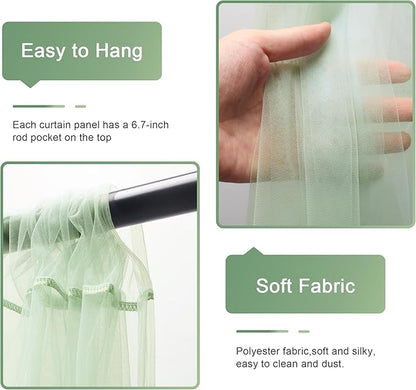 Tulle Backdrop Curtain with Lights String 10FT X 8FT Sage Green Sheer Tulle Backdrop Curtains for Wedding Birthday Party Reception Photo Booth Background Decorations (2 Panels 5x8FT)