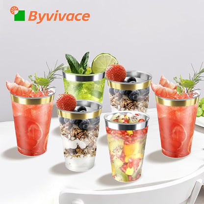 [200 Pack 12oz Clear Plastic Cups with Silver Rimmed Sturdy & Food Safe Disposable Wine Glasses Party Cups Wedding Cups Disposable Drinking Cups for Wine, Juice, Cocktails and Cold Beverages