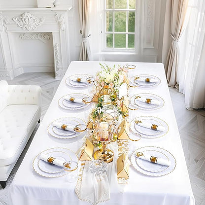YOUBET 350PCS Gold Scalloped Plastic Plates - White and Gold Disposable Dinnerware Set Include 100 Plates, 150 Gold Silverware, 50 Cups, 50 Napkins for Wedding & Party & Thanksgiving