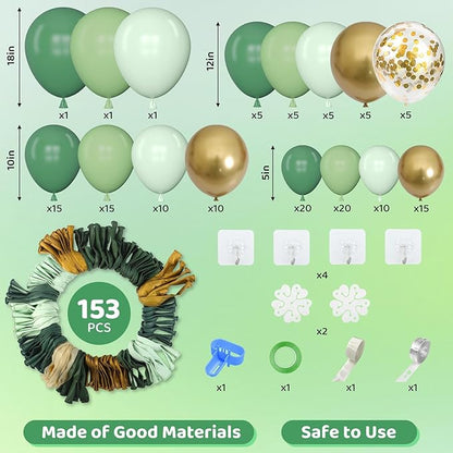 Amandir 153pcs Sage Green Balloon Garland Arch Kit, Different Sizes 18 12 10 5 inch Sage Green Gold Latex Metallic Confetti Gold Balloons for First Communion Safari Baby Shower Baptism Decorations