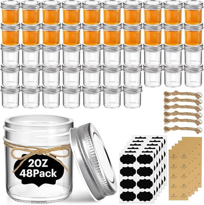 ComSaf Small Mason Jars 2 oz, 48 Pcs Mini Mason Containers, Small Canning Jars, Mini Glass Jar with Lids for Ginger Shots, Honey, Jams, Sauces, Spices, DIY Candle Decor, Wedding & Baby Shower Favors