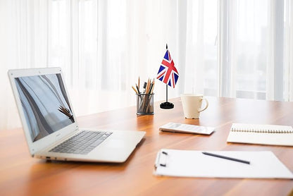 UK British Deluxe Desk Flag Set Small Mini United Kingdom Miniature Table Desktop Flags With Solid Pole, Black Base and Spear Top(2 Pack)