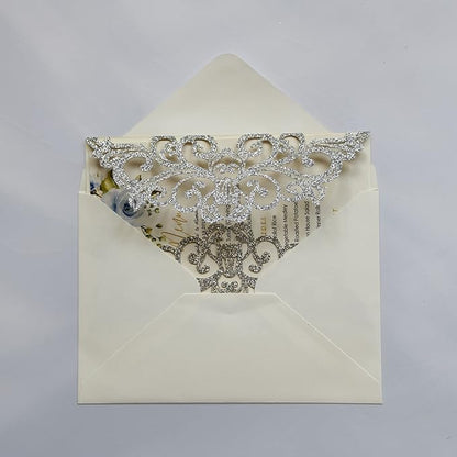 25PCS Silver Glitter Laser Cut Wedding Invitations Cards with Envelopes,Blank Inner Sheets,Ribbons for Wedding Bridal Shower Quinceañera Engagement Birthday Invites