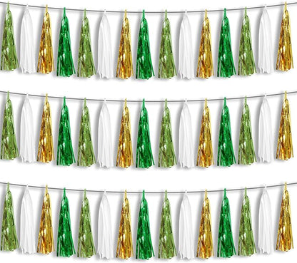 3P Sage-Green Beige-Mint Gold Foil Fringe Metallic Tassel Garland Banner, Tassels Banner Streamers for Parade Floats, Bachelorette, Wedding, Birthday, Christmas, Bridal/Baby Shower Party Decorations