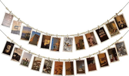 Hanging Photo Display With 12 Clips, Wooden Bead Garland 2PCS, Boho Style Collage Photo Frame Decoration for Dorms, Classrooms, Bedrooms