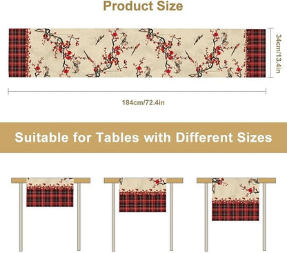 Bird Table Runner,Red Black Buffalo Plaid Blossom Seasonal Table Runner for Kitchen Dining Table Decoration Home Party Decor 13x70 Inch