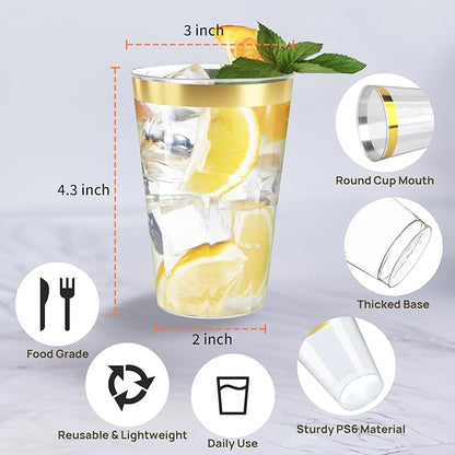 12OZ Plastic Cups with Gold Rimmed Sturdy & Food Safe Disposable Wine Glasses Weeding Party Cups Disposable Drinking Cups Plastic Cocktail Glasses for Wine, Juice & Cold Beverages [200 Pack]