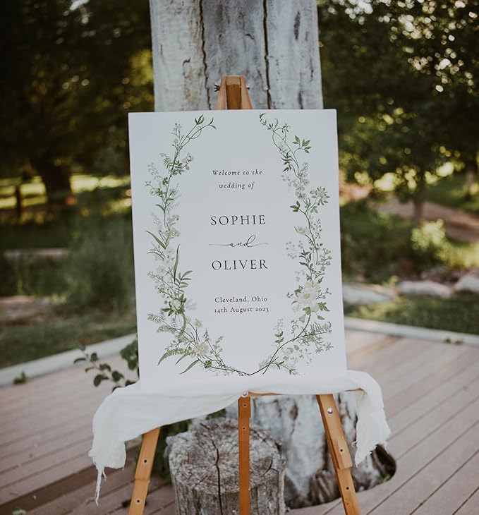 Personalized Wedding Welcome Sign, Greenery White And Green Floral Wedding Sign Signage 12" X 18" (Small), 27" (Medium), 36" (Large), Plastic, Modern, Pole Mount, Weather