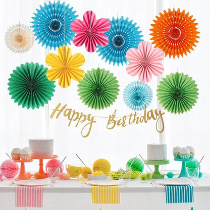 Colorful Birthday Party Decoration Paper Flower Hanging Decoration for Wall Happy Birthday Banner Paper Fans Deco for Tropical Hawaii Luna Birthday Party