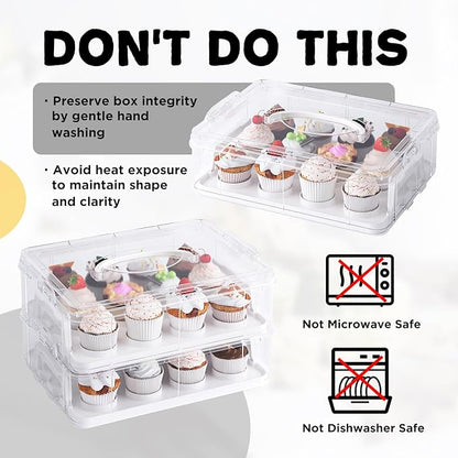 Two Tier Cupcake Carrier, White Stackable Cupcake Holder Carries for 24 Standard-Size Cupcakes, Reusable Detachable Cupcake Box