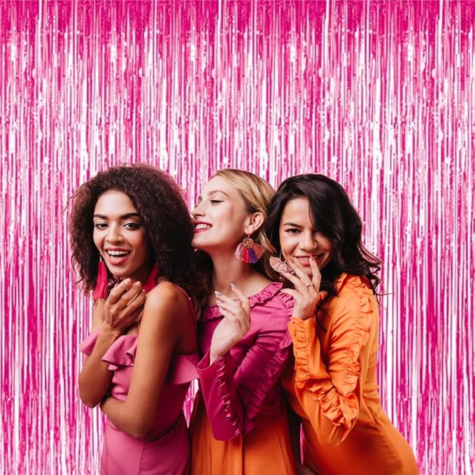 GOER 3.2 ft x 8.2 ft Metallic Tinsel Foil Fringe Curtains Party Photo Backdrop Party Streamers for Galentines Day,Birthday,Graduation,New Year Eve Decorations Wedding Decor (4 Packs,Hot Pink)
