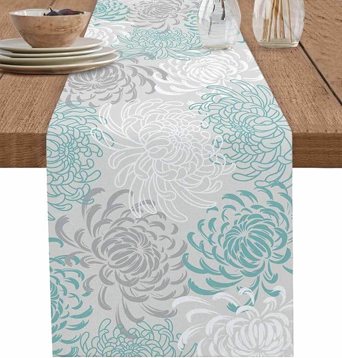 Auqa Chrysanthemum Cotton Linen Table Runner for Dining Kitchen, Wedding Outdoor Party Tablerunners Decoration, Farmhouse Floral Botanical Leaves Dresser Scarf Coffee Tablecloth Runners 13x60 Inches